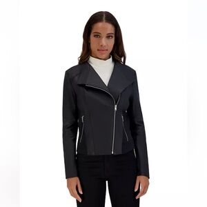 Andrew Marc Moto Felix Jacket Black Leather Small Pockets Knit Panels Gothcore